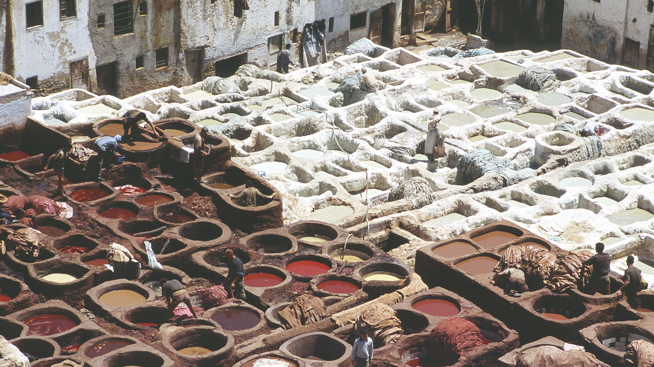 mar02_04_21 fez teinturiers pano.jpg - Moyen Atlas, mai-2002  Fes les bains de couleurs des peaux (quartier des tanneurs) Provia 100 F